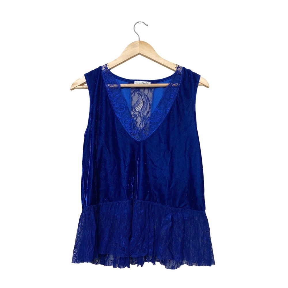 Live To Be Spoiled Royal‎ Blue Velvet Lace Peplum Tank Top V-Neck Sleeveless L
